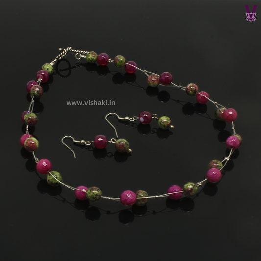 Mrudhvi Green and Pink Agate Choker Necklace Set