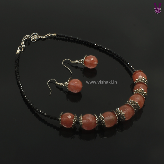 Mrudhvi Black and Peach Agate Choker Necklace Set